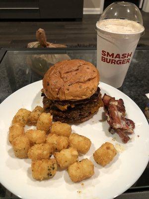 04/17/2021 - Smash Tots $2.79, custom Double BBQ Bacon Cheddar Burger $11.29, & Salted Caramel Coffee Shake $5.99