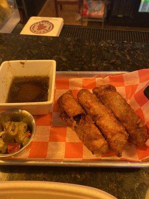 Italian beef egg rolls with au jus & giardiniera