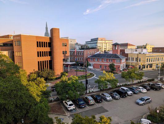 View of Durham City Hall from the Chapel Hill Street Parking Garage on August 19, 2023 evening.