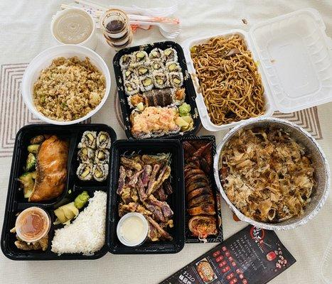 Salmon fried rice, salmon bento box . 4rolls, and pancake.