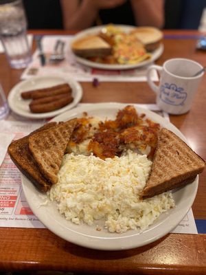 Scrambled egg whites, buttered wheat toast, home fries and sausage links