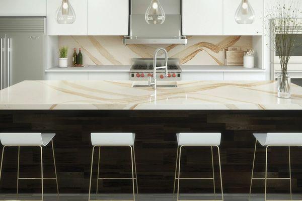 Cambria Brittanicca Gold Quartz countertop and backsplash.