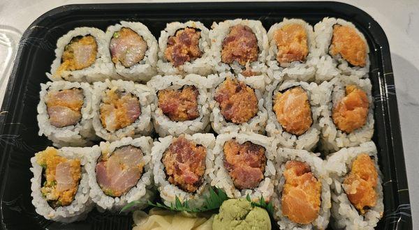 Left to right: spicy yellowtail, spicy tuna, spicy salmon