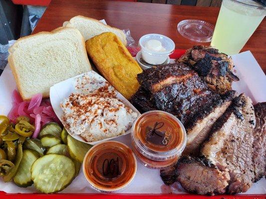 3 meat platw with ribs, brisket, and pulled pork with potato salad and cornbread