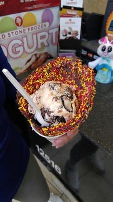 Oreo dream in a chocolate dipped waffle bowl with sprinkles.