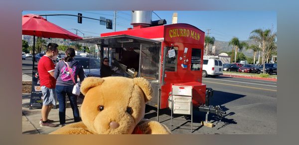 I was able to visit the Churro Man truck today! Rilakkuma was right! There was a line! #everybodyloveschurros #thechurroman #mortimerthebear