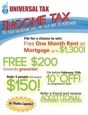 Hello my yelpers I'm a tax preparer for UNIVERSAL TAX and we are offering great promotions this year ! Check us out.