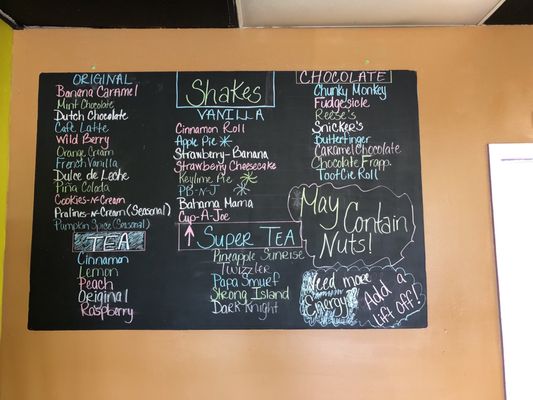 Menu of shakes and teas