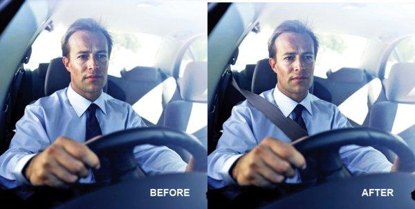 Photo Editing for AAA. Add seatbelt onto driver in a stock photo.