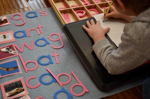 A child exploring spelling using our Moveable Alphabet