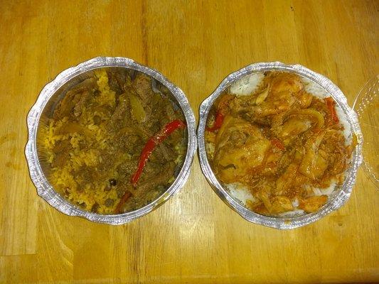 Flavorful Pepper Steak Stew, Chicken Stew and well cooked Rice.