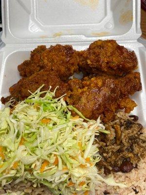 BBQ Fried Chicken, Rice & Peas, cabbage