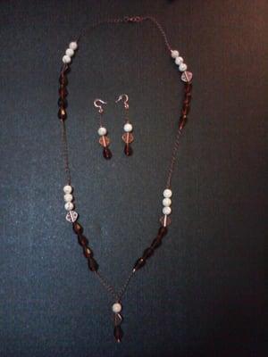 Magnesite "White Turquoise" with Fire Polished Glass and Copper 33" Necklace with 2 1/2" Earrings