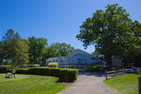 View of the Clubhouse and Pro-shop at the Cary Country Club near the tenth tee