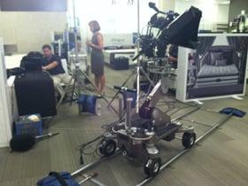 Location shoot with dolly and teleprompter.