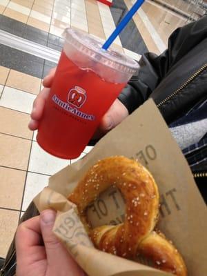 Our usual; butter pretzel (my choice), strawberry lemonade (his choice).