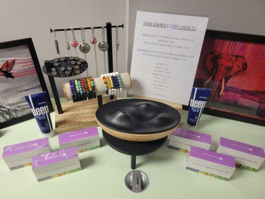 Local art, essential oils, and wearable diffusers for sale!