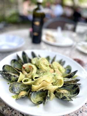 Seafood special, absolutely delicious, and served with a lovely outside view.