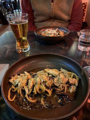 Black trumpet Tagliolini in foreground (the best dish of the night) and ricotta gnocchi in background.