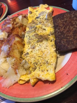 Mushroom omelette home fries scrapple