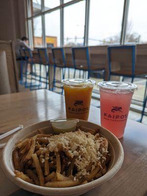 Feta fries / turmeric drink / lavender lemonade