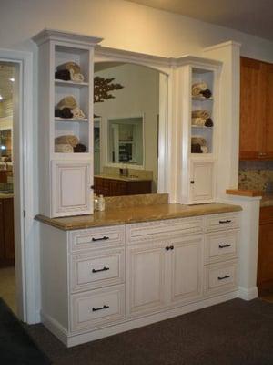 Destin Bathroom Vanity by Dynasty. Opaque Pearl paint, with a Cognac glaze, on Maple.