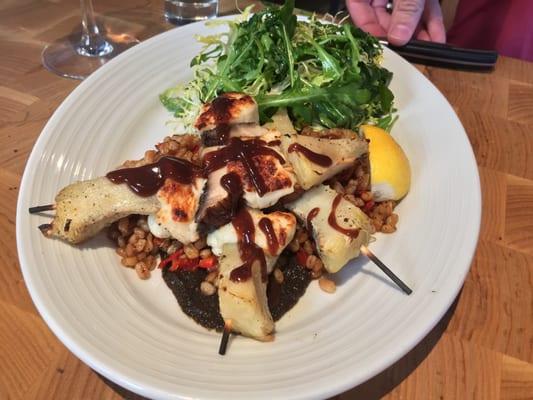 Artichoke Kalamiki = entrees | artichoke, portobello and haloumi skewers (farro salad, salad greens and balsamic crema)