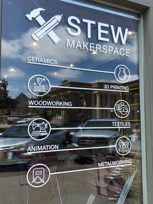 The front window of the Stew Makerspace.