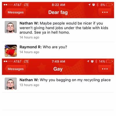 WARNING:how owner responds to customers; violating yelps "no threats, harassment, lewdness, hate speech, and other displays of bigotry."