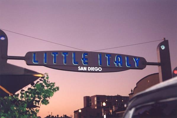 In the heart of San Diego's Little Italy; our landmark sign. (c) Robert Francella