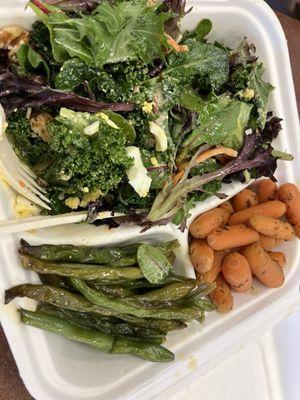 My husband's lunch.  Healthy salad with hot batter carrots and green beans