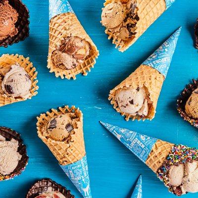 Array of Ben & Jerry's freshly baked waffle cones.