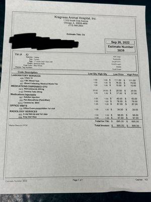 Estimate for X-ray, blood test and anti nausea meds and anti biotic