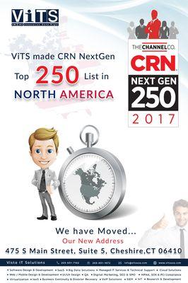 We are proud to announce, Vista IT Solutions, LLC (VITS) has been recognized as CRN NextGen Top 250 Companies in North America.