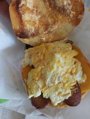 Scrambled Eggs, Hot Sausage, Cheddar Cheese