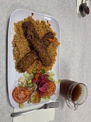 Adana Kebab, bulgur rice and fresh tea