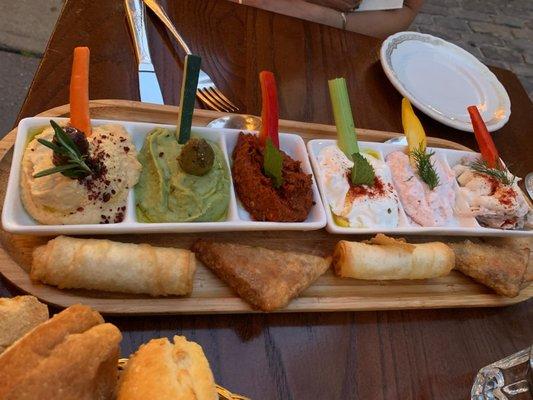 Mixed mezze: hummus, foul, tomato paste thing, taziki, fish mayo thing and chicken salad