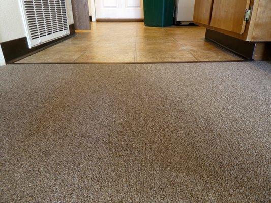 Transition from carpet to linoleum with rubber transition bar.