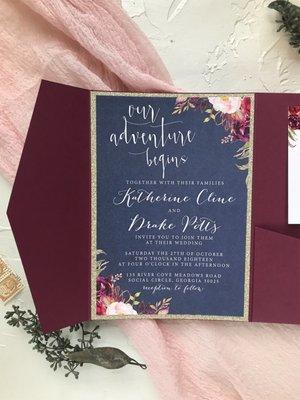 Burgundy, Navy and Gold Wedding Invitations