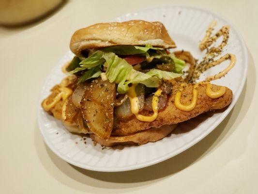 Swai fish sandwich with swiss cheese