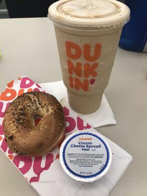 Large Pumpkin cream swirl and an Everything bagel with cream cheese. #dunkindonuts #whats4breakfast