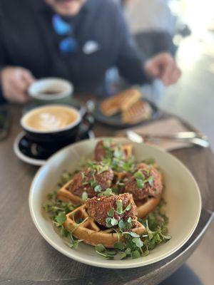 Chicken Waffles w/ chili maple.