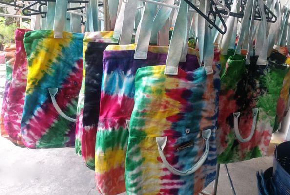 Custom made bags for retail and wholesale.  First we make the canvas bags then they are tie dyed!