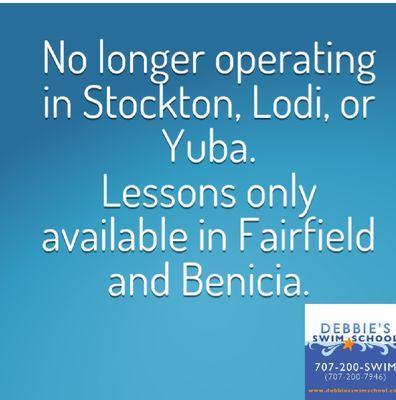 Closed in Stockton, Lodi, and Yuba.  Only offering lessons in Fairfield and Benicia.