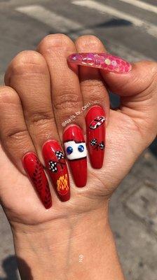 Hard gel full set with lightning McQueen nail art