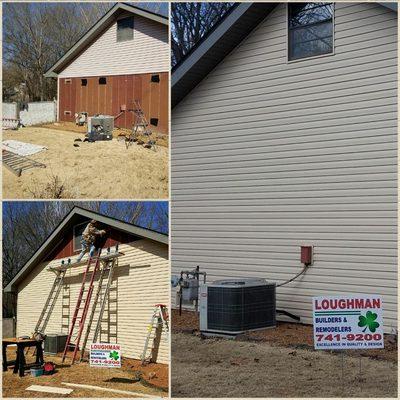 Before-and-after Siding installation.