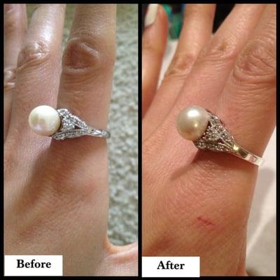 Before and After photo of the pearl ring I received after resizing.