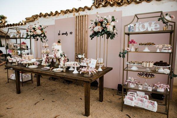 Antique Vineyard table, Gold Shelving, various risers, and cake stands.