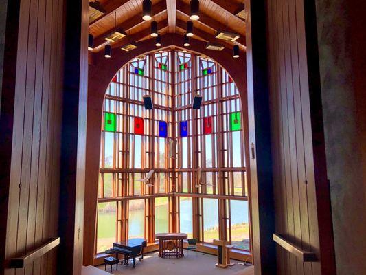 Interior of the Muller Chapel, looking out on the lake