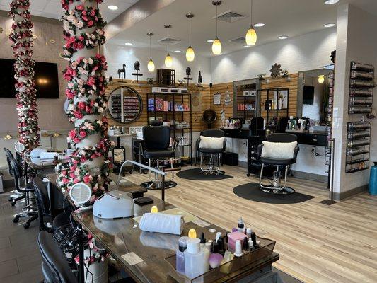 4 mani pedi station, 2 hair chairs & 1 wax, makeup, blowdry station